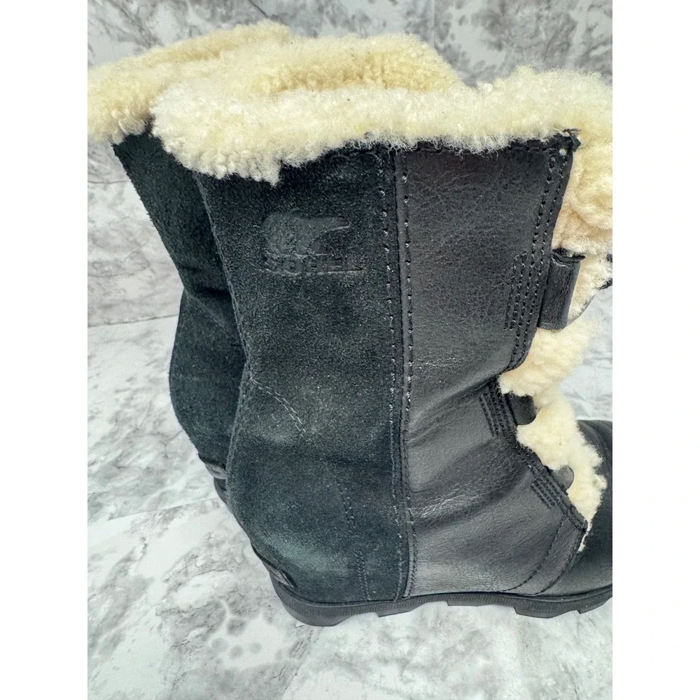 Sorel Joan of‎ Arctic 🖤Wedge II Shearling Black Leather Suede Boots sheep skin